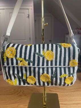 Striped Beaded Shoulder Bag with Yellow Lemon Motif - White/Black/Yellow NWT